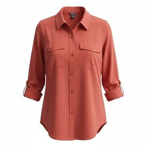 Eddie Bauer Button Down Shirt Top Women's Med Coral Tab Sleeve Lightweight